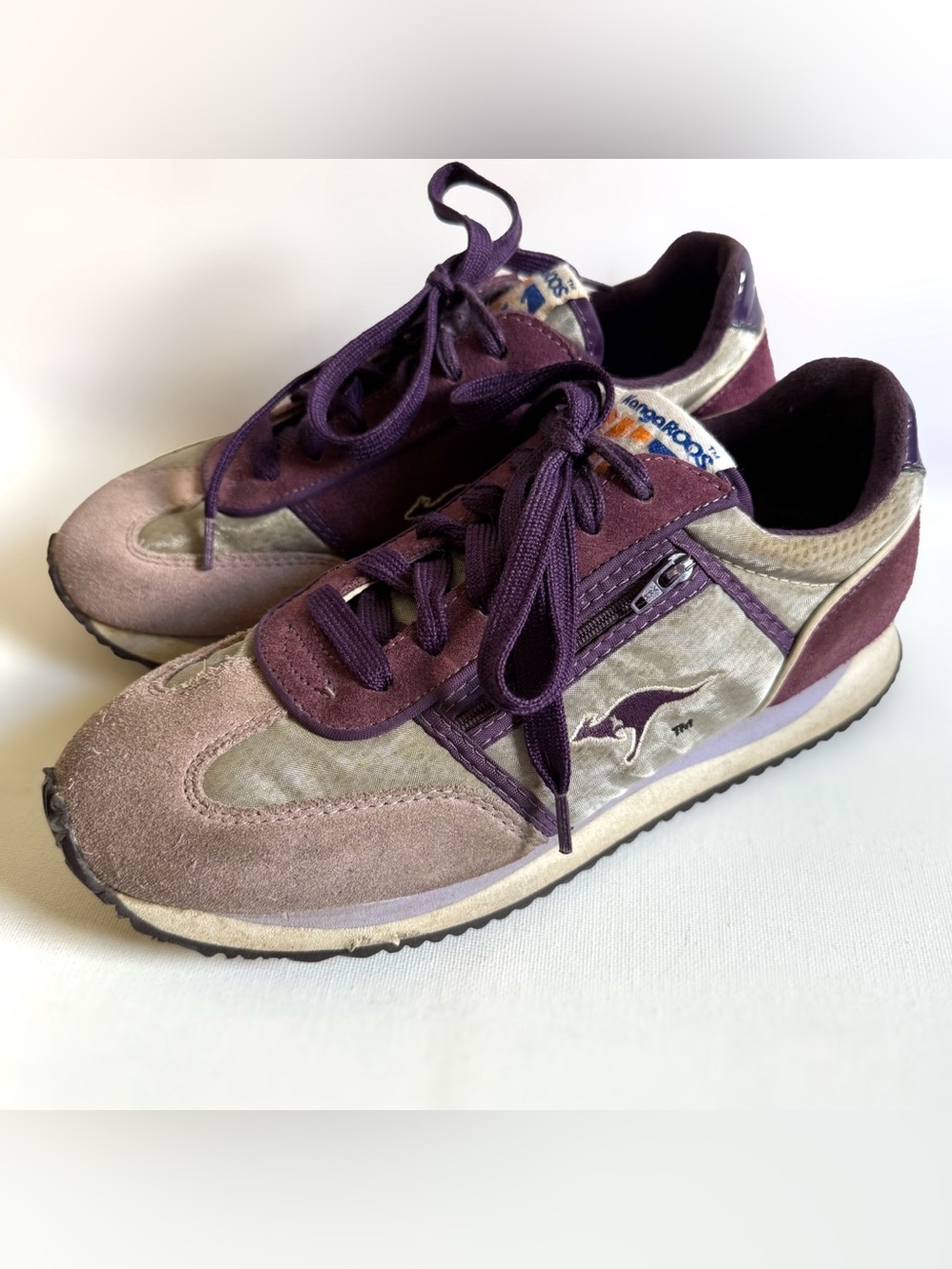Vtg KangaROOS Purple Suede Nylon Zip Pocket Sneakers Womens 8.5 Retro Runner